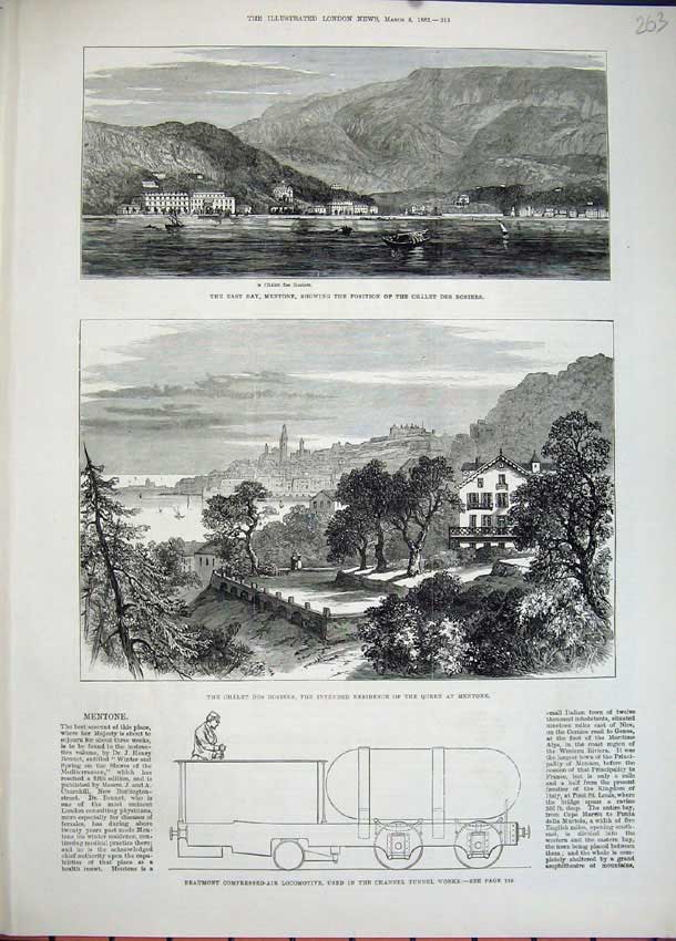 Old Antique Print 1882 Mentone France Chalet Rosies Beaumont Locomotive 19th