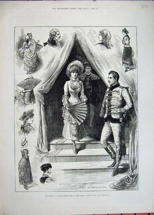 Old Antique Print 1882 Fancy Dress Ball Royal Albert Hall Costumes Ludlow 19th