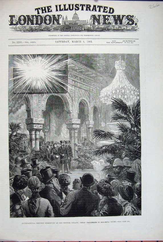 Old Antique Print 1882 Crystal Palace Chandelier Alhambra Court Electric 19th