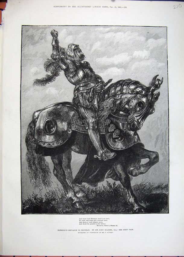 Old Antique Print 1882 John Gilbert Knight Armour Horse Marmion Douglas 19th