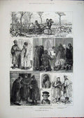 Original Old Antique Print 1882 Russia Nuns Horse Cart Street Chapel Petersburg
