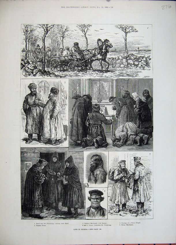 Original Old Antique Print 1882 Russia Nuns Horse Cart Street Chapel Petersburg