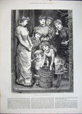 Original Old Antique Print 1882 Valentines Day Mother Children Basket Door Step
