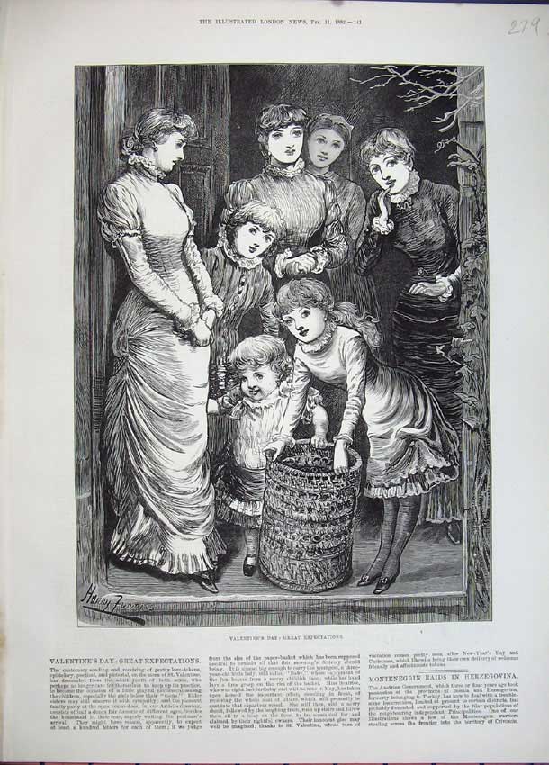 Original Old Antique Print 1882 Valentines Day Mother Children Basket Door Step
