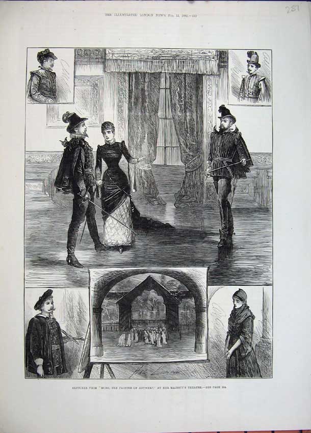 Original Old Antique Print 1882 Moro Painter Antwerp Majesty Theatre Sword Duel