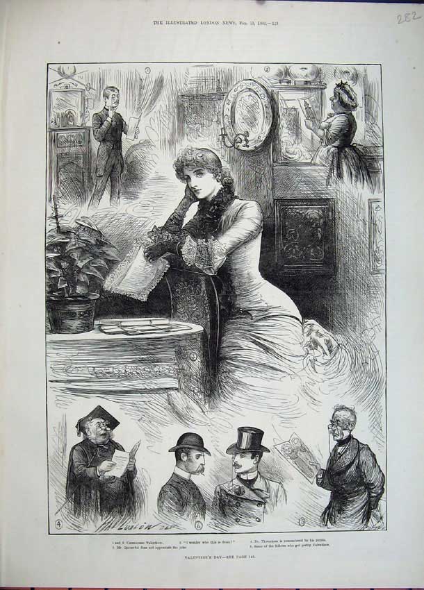 Original Old Antique Print 1882 Valentines Day Romance Men Woman Paper 19th