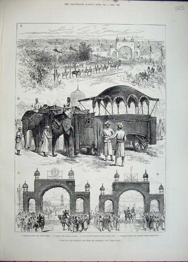 Old Antique Print 1882 Viceroy India Jeypore Elephants Triumphal Arch Men 19th