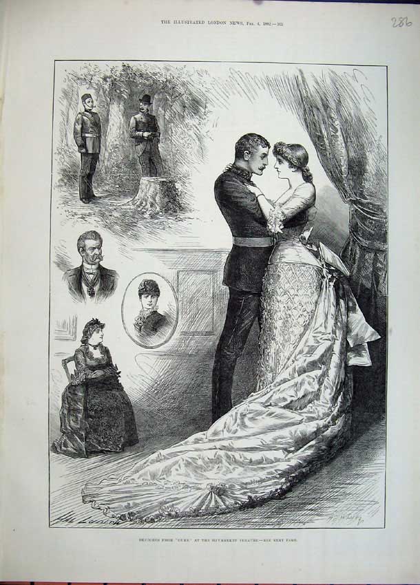 Original Old Antique Print 1882 Haymarket Theatre Ours Romance Man Woman Scene