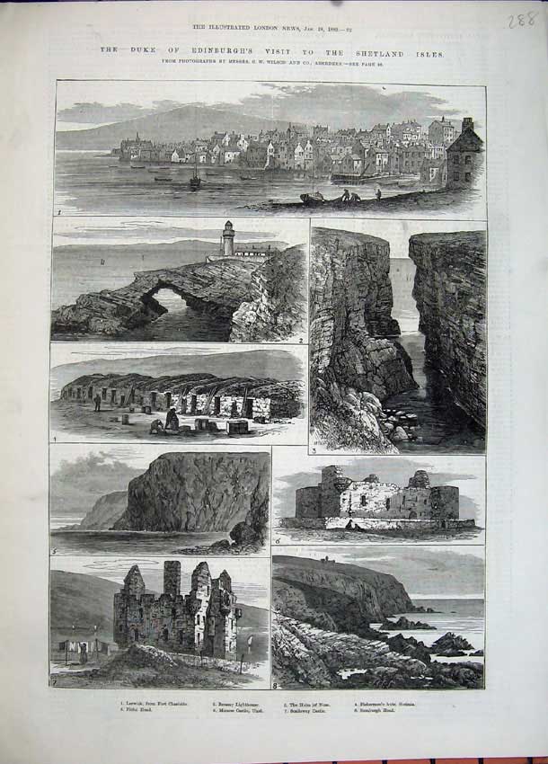 Old Antique Print Shetland Isles 1882 Lerwick Bressay Lighthouse Castle 19th