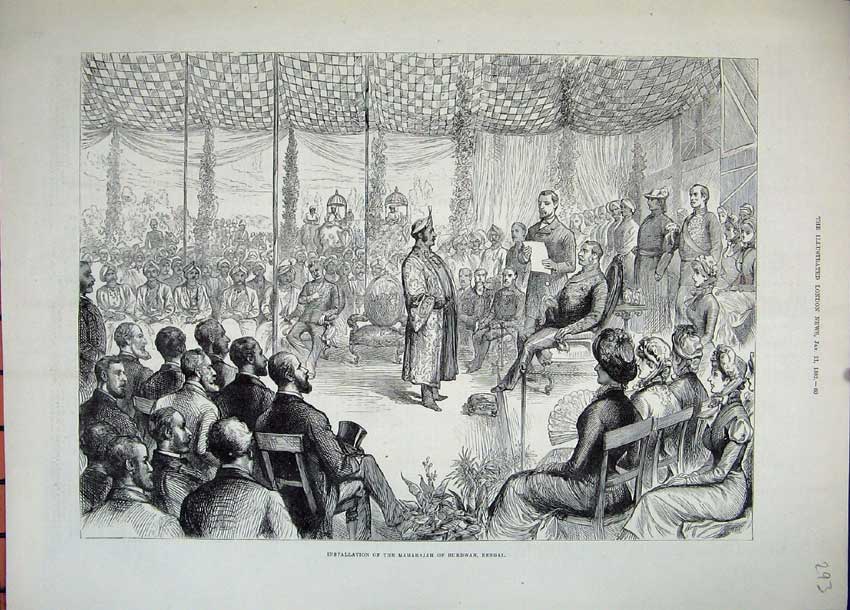 Old Antique Print 1882 Installation Maharajha Burdwan Bengal People Men 19th