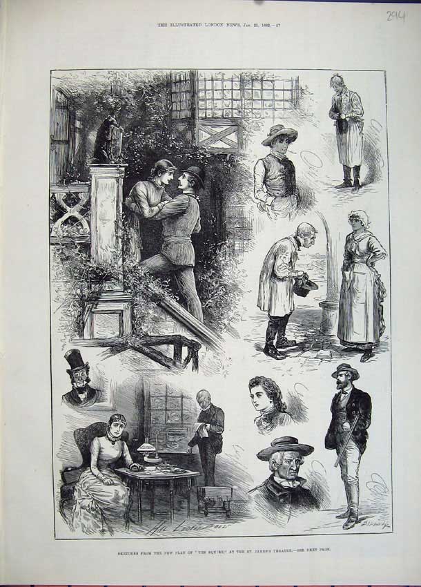 Original Old Antique Print 1882 Play Squire James Theatre Romance Man Woman Art