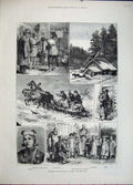 Old Antique Print 1882 Russia Troika Sledge Farm House Beggar School Art 19th