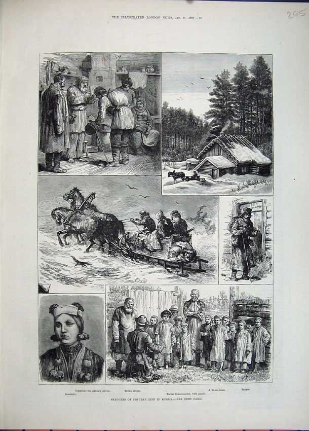 Old Antique Print 1882 Russia Troika Sledge Farm House Beggar School Art 19th