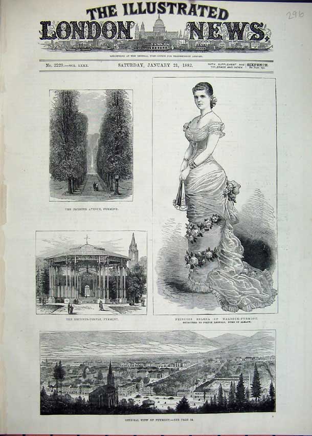 Original Old Antique Print 1882 Princess Helena Pyrmont Brunnen Temple Cloister