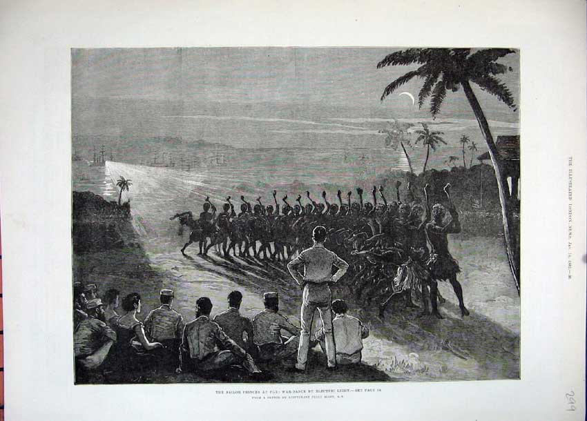 Old Antique Print 1882 Fiji War Dance Electric Light Moon Palm Tree Art 19th