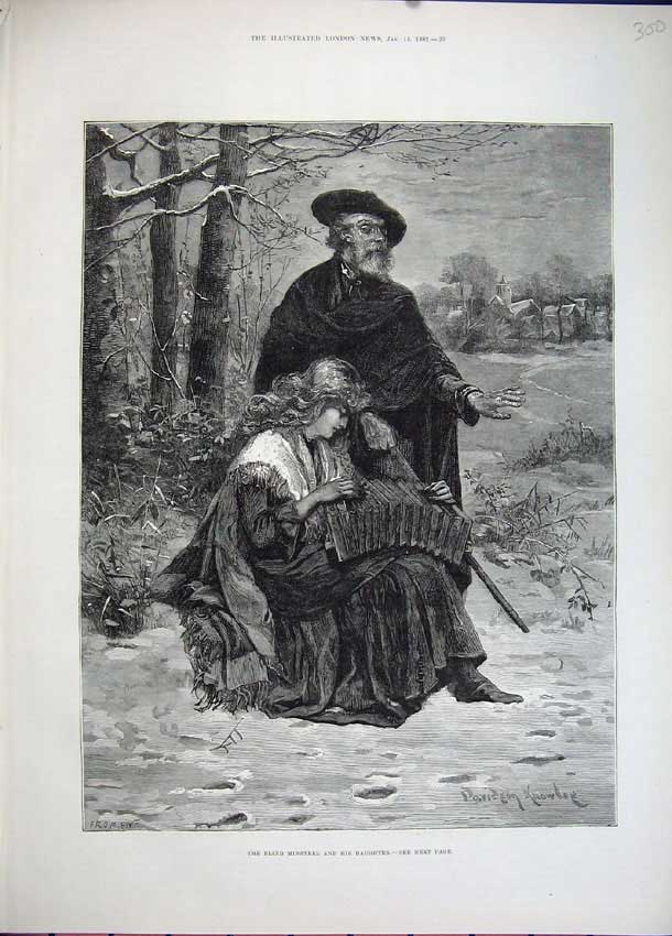 Original Old Antique Print 1882 Knowles Fine Art Blind Minstrel Daughter Girl