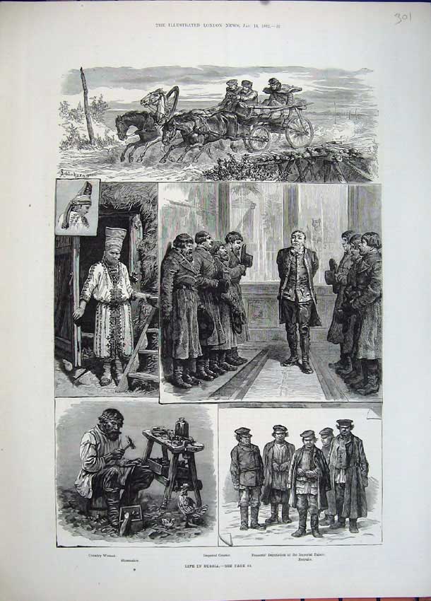 Old Antique Print Russia 1882 Shoemaker Horse Cart Country Woman Fine Art 19th
