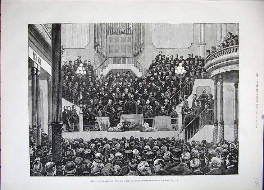 Old Antique Print 1882 Ireland Landlords Exhibition Building Dublin Men 19th