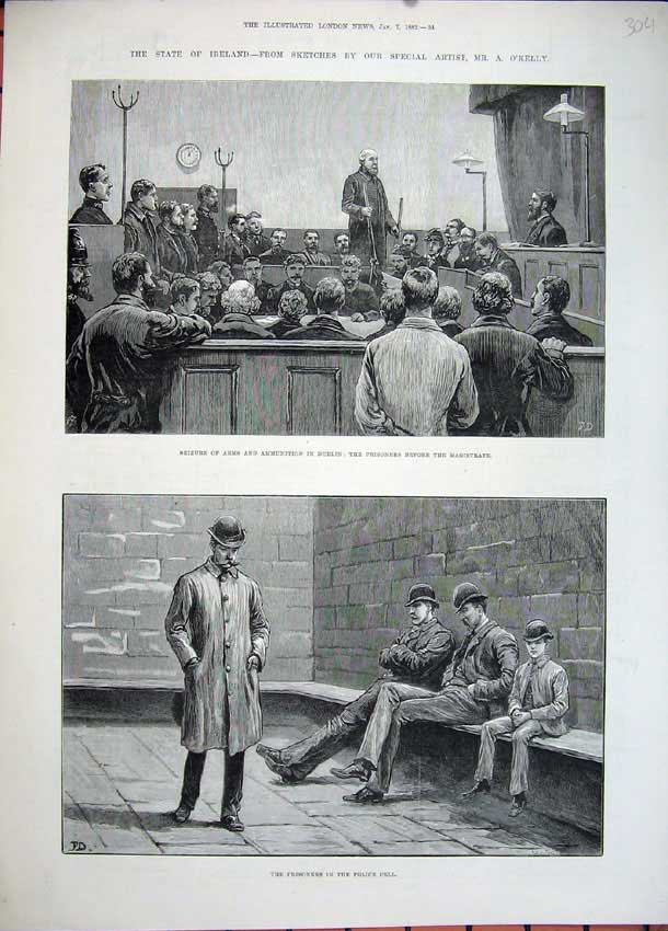 Old Antique Print Ireland 1882 Weapons Prisoners Dublin Court Police Cell 19th
