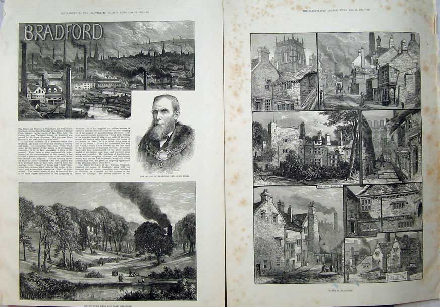 Old Antique Print 1882 Bradford Manningham Hall Mayor John Hill Fine Art 19th