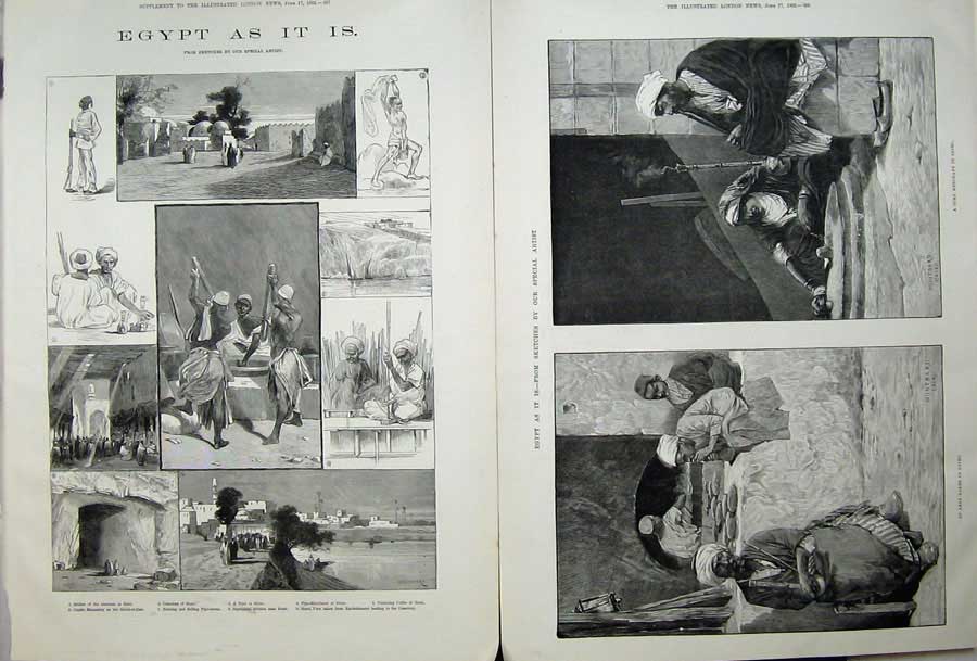 Original Old Antique Print 1882 Egypt Siers Garrison Siout War Arab Baker Corn