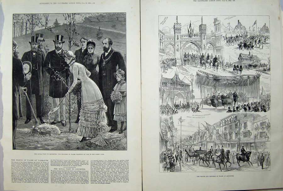 Old Antique Print 1882 Leicester Princess Wales Oak Tree Abbey Park Arch 19th