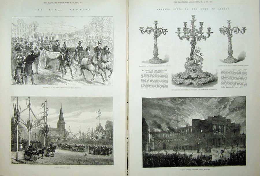 Antique Old Print 1882 Royal Wedding Esher Horse Carriage Aberdeen Market 19th