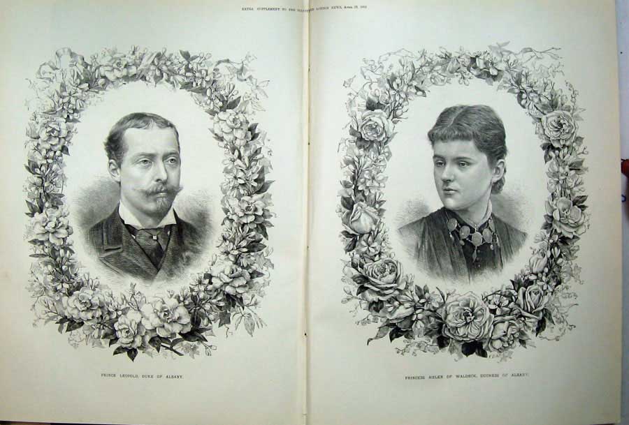Original Old Antique Print 1882 Prince LeopDuke Albany Princess Helen Waldeck