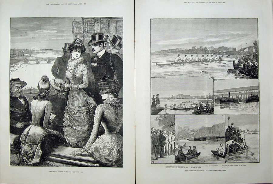 Antique Old Print 1882 Oxford Cambridge University Boat Race Thames River 19th