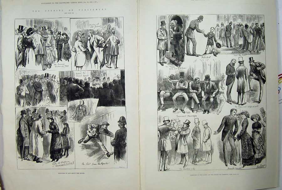 Original Old Antique Print 1882 Parliament House Commons Men Queens Speech