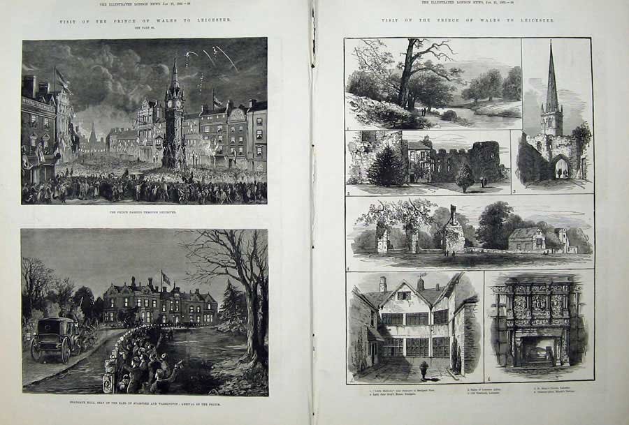Antique Old Print 1882 Leicester Bradgate Hall Earl Stamford Abbey Church 19th