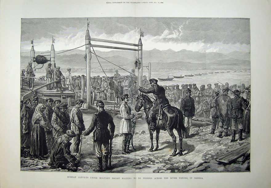 Antique Old Print 1882 Russian Convicts Military Horse River Yenisei Army 19th