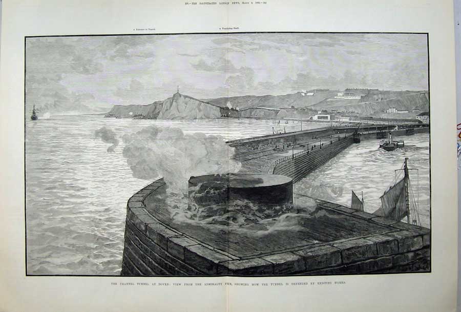 Antique Old Print Channel Tunnel Dover 1882 Admiralty Pier Ships Fine Art 19th