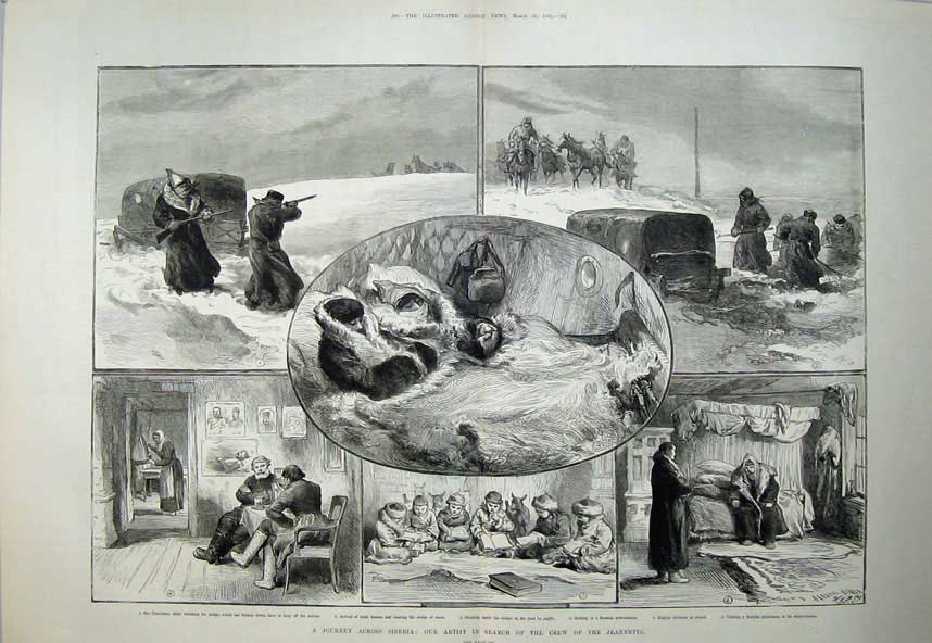 Old Antique Print Siberia 1882 Crew Jeanette Horse Sledge Snow Kirghis 19th