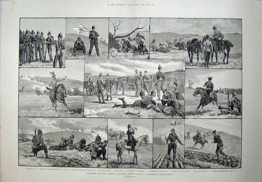 Original Old Antique Print Army Ta Volunteer Review 1882 Army Horses Siers Men
