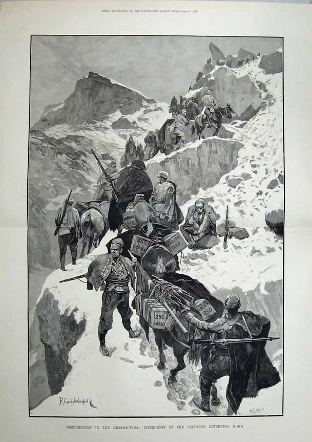 Old Antique Print Woodville 1882 Herzegovina Insurgents Crivoscie Snow 19th