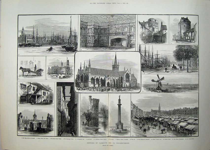 Old Antique Print 1881 Yarmouth Black Friars Tower Church Nelson Castle 19th