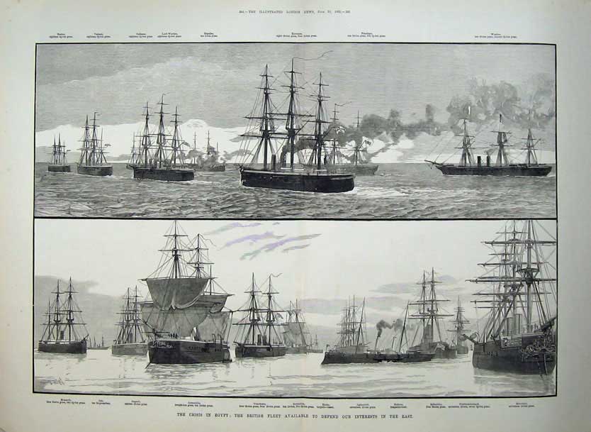 Antique Old Print 1882 Egypt British Fleet Ships Invincible Hector Superb 19th