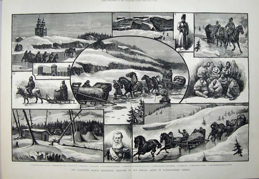 Antique Old Print 1882 Jeannette Expedition Siberia Horse Sledge Lena Art 19th