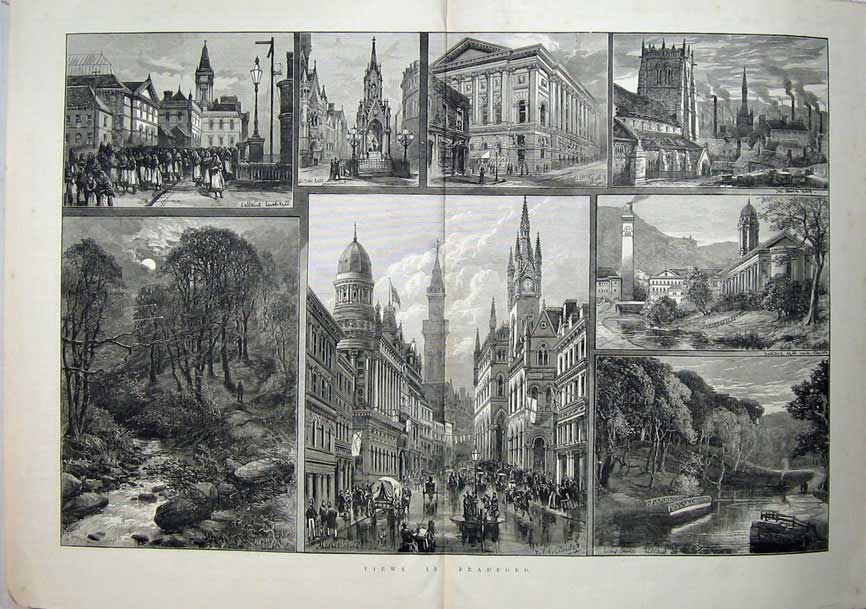 Old Antique Print Bradford 1882 Market Street Monument Church Bridge Art 19th