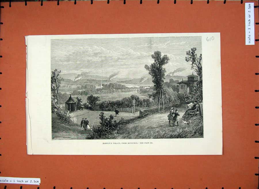 Original Old Antique Print 1882 Hamilton Palace Bothwell Mountains Country Art