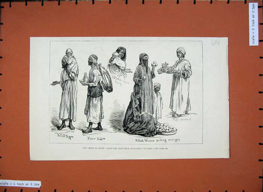 Old Antique Print 1882 Egypt Water Seller Fellah Beggar Cake Merchant Men 19th