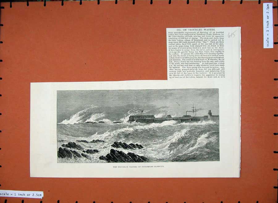 Old Antique Print 1882 Stormy Waters Peterhead Harbour Scotland Sea Art 19th