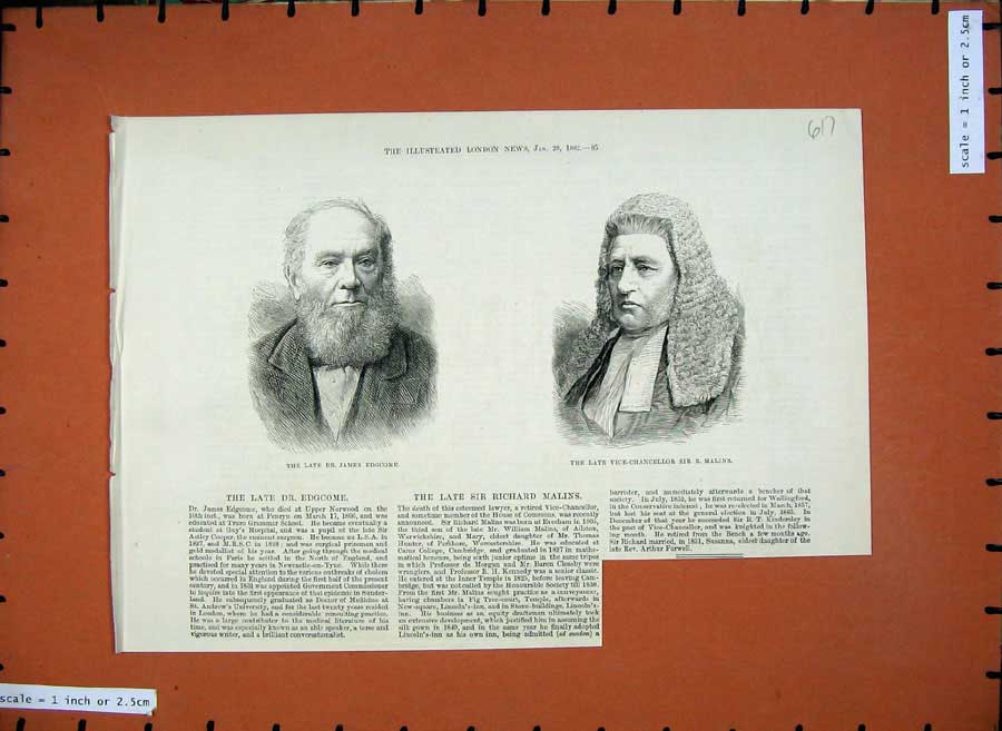 Original Old Antique Print 1882 James Edgcome Vice-Chancellor Sir Malins Men