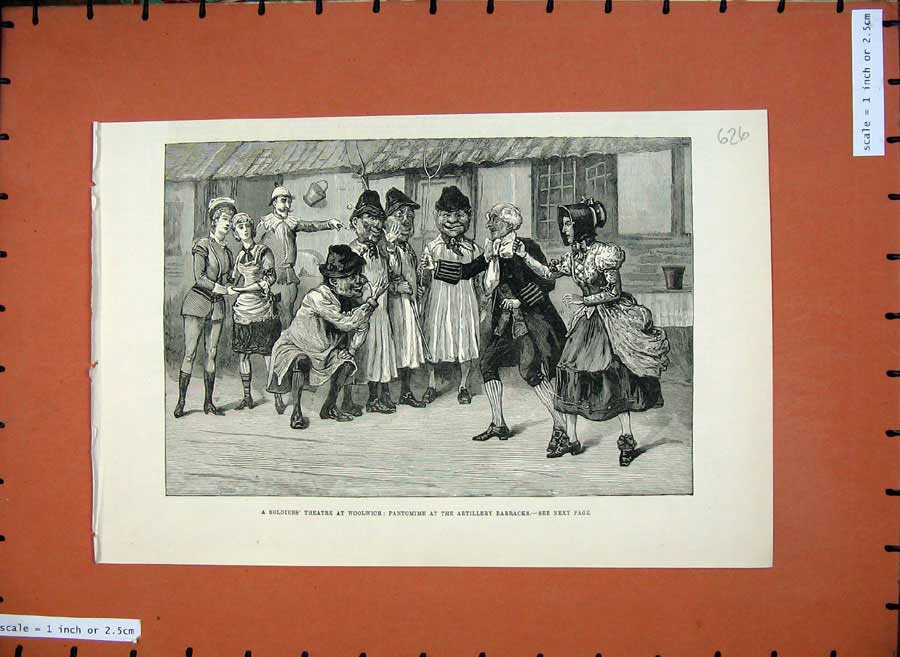 Original Old Antique Print 1882 Siers Theatre Woolwich Pantomime Barracks Army