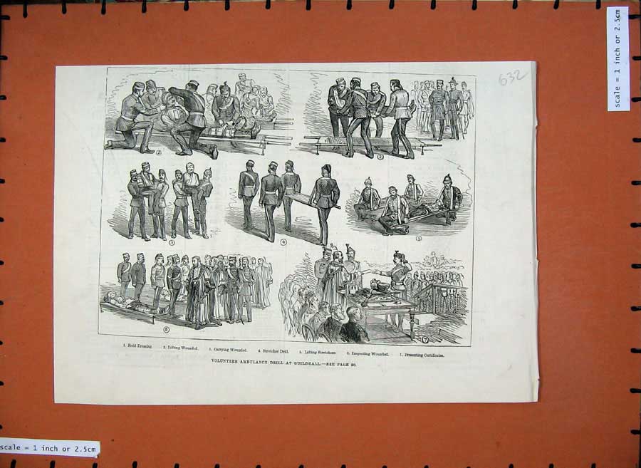 Original Old Antique Print 1882 Volunteer Ambulance Drill Guildhall Siers Army