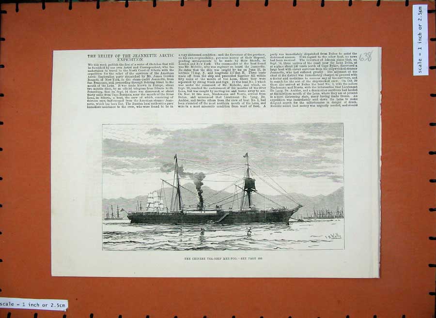 Original Old Antique Print 1882 Chinese Tea Ship Mee-Foo Sailing Sea Victorian