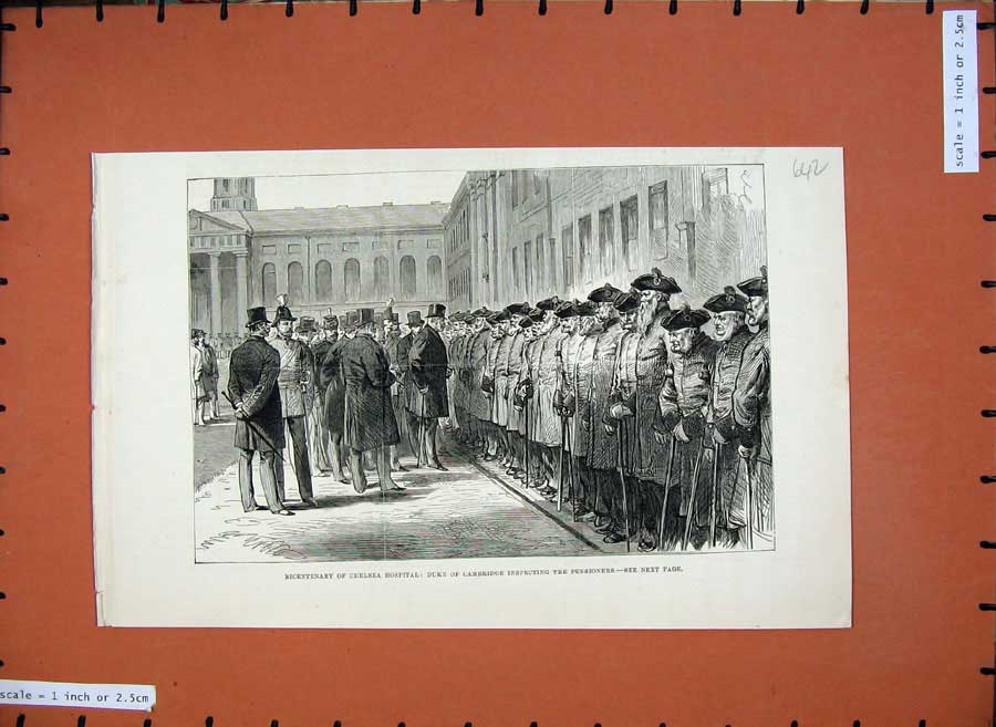 Old Antique Print 1882 Chelsea Hospital Duke Cambridge Pensioners Men Art 19th