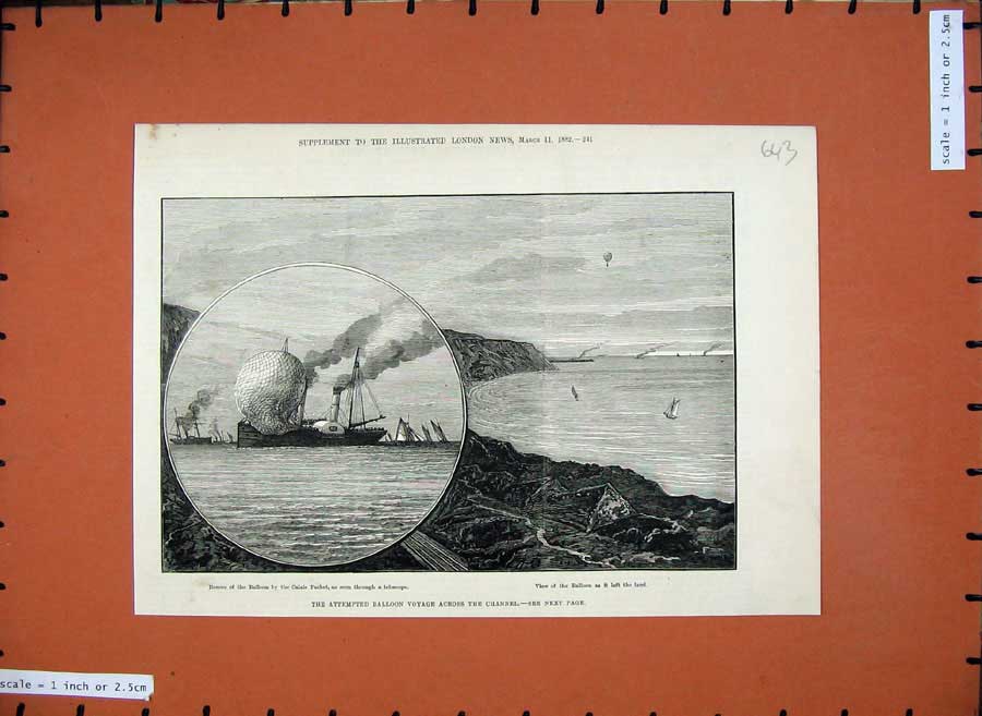 Old Antique Print 1882 Hot Air Balloon English Channel Calais Packet Ship 19th