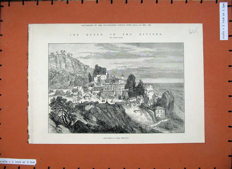 Original Old Antique Print 1882 French Riviera Roccabruna Mentonf Buildings